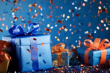 Gift boxes with colorful ribbons and flying confetti on vibrant blue background creating festive, joyful and celebratory mood