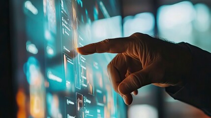 A hand interacts with a futuristic touch screen display