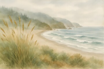 Serene Coastal Landscape: Ocean Waves, Beach Horizon, and Clouded Sky