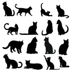 Black Cat Silhouettes Set – Hand Drawn Vector Halloween Cat Poses Collection