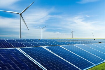 Wind turbines and solar panels generating clean energy in a sustainable power farm under clear blue sky