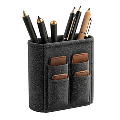 Desk organizer with pens and pencil in a holder with small pockets isolated on transparent background