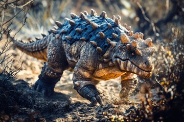 Obraz premium Sturdy dinosaur with spiked armor traverses rugged landscape, sh