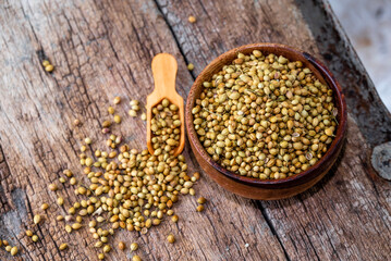 Spice coriander (Coriandrum sativum) seeds in wooden bowl and spoon on wooden background. Indian...