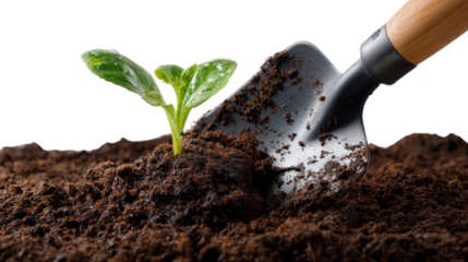 The Sprout and the Shovel: A close-up of a seedling emerging from rich, dark soil, the shovel symbolizes the nurturing act of cultivating new life and the cycle of nature.