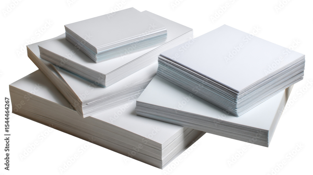 Aufkleber pile of printing papers: a stack of pristine white printing paper in varied sizes, set against a cle