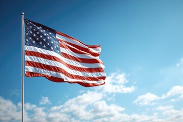 Fototapeta premium Waving flag against clear blue sky, symbolizing freedom and unit