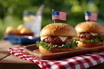 Juicy burgers topped with flags, perfect for Labor Day picnic ce