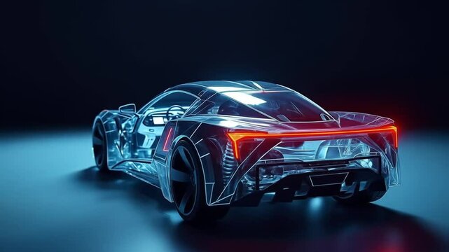 Futuristic car design shown in see-through style, advanced technology. Digital car concept represents innovation in automotive engineering, automation, data processing in car manufacturing. 4k video