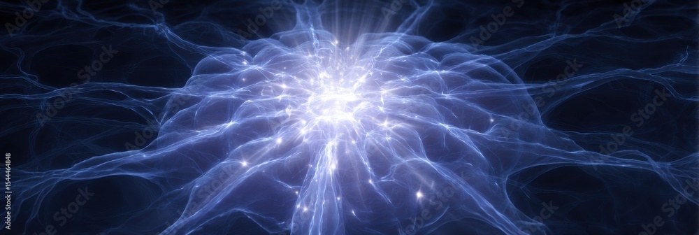 Poster glowing brain center with radiating nerve rays showcasing neural activity and connectivity