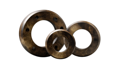 Metallic Rings in Spotlight: Industrial precision is revealed in a close-up of three precisely crafted, metallic rings with an eye-catching patina.