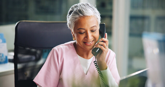 Phone call, receptionist and nurse or woman in hospital for doctor appointment, contact and schedule. Healthcare administration, medical consultant and communication with mature person for insurance