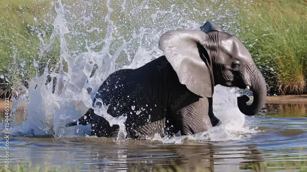 Poster low-angle video of elephants playfully splashing in water, capturing dynamic movement and natural be