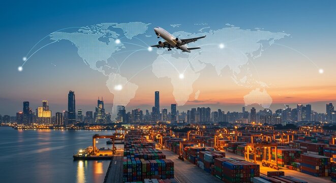 Global Logistics Airplane Taking Off Over Container Port with World Map Overlay (1)