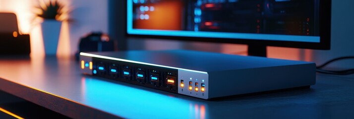 Compact network storage device with glowing LED indicators and several USB ports, positioned on a contemporary workstation setup for high-speed data management.