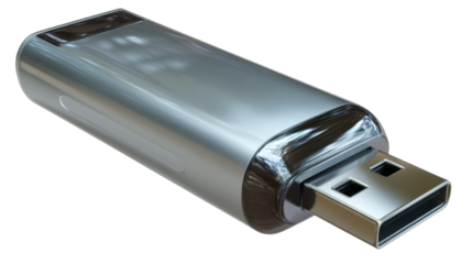 Sleek Silver USB Flash Drive: A high-angle, close-up perspective of a contemporary, shiny silver USB flash drive against an ethereal background, symbolizing data storage, technological innovation.
