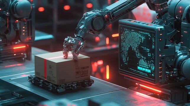 Robotic arm placing a cardboard box on a conveyor belt.