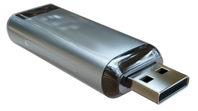 Sleek Silver USB Flash Drive: A high-angle, close-up perspective of a contemporary, shiny silver USB flash drive against an ethereal background, symbolizing data storage, technological innovation.