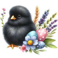 A watercolor illustration of a black little easter chick isolated on white background 