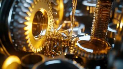 Detailed view of interlocking car engine gears glistening with lubricating oil during repair work. 