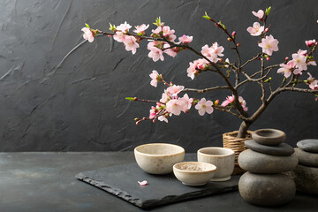 Japanese-inspired minimalist composition featuring a blooming cherry blossom tree, natural stone, and small ceramic bowls arranged on the right side of a dark textured background. The center is left e