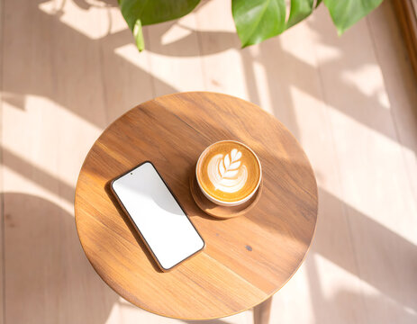 A photorealistic coffee shop scene featuring a cappuccino in a ceramic cup, a smartphone on a rustic wooden table, bathed in natural window light. - Powered by Adobe