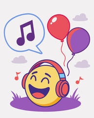 Smiling Emoji Listening to Music with Headphones and Balloons – Fun Cartoon Illustration