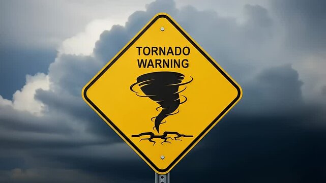 Yellow Diamond Tornado Warning Sign Against Dark Stormy Sky Indicating Severe Weather Conditions and Natural Disaster Alert