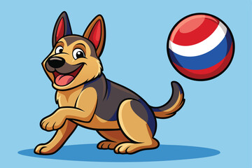 Cartoon German Shepherd Dog Playing with Ball on Light Blue Background