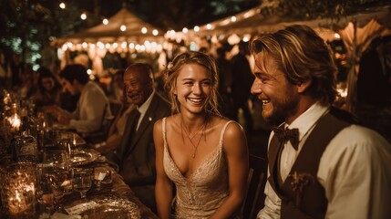 Bride and groom with guests at backyard wedding reception