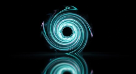A swirling vortex of teal and white light with a black hole center reflecting on a black surface