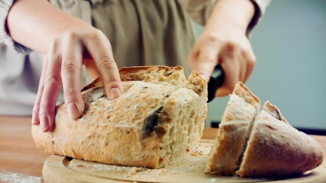 Hands slicing fresh homemade bread on wooden board