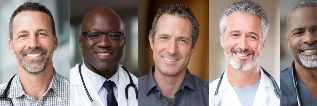 Annual Checkup Comparison for Men Aged 30 to 60 Highlighting Diverse Health Professionals and Patient Engagement