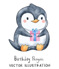 Cute Little Penguin with Gift box. Watercolor vector perfect for birthday project and greeting cards design.