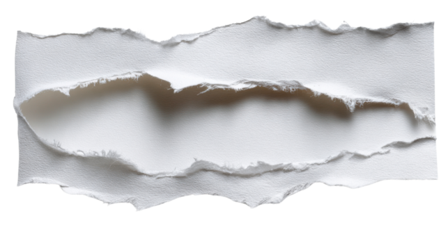 Torn Paper Fragment: Raw, textured paper tear fragment, symbolizing division or destruction. Its jagged edges and delicate shadows create a compelling visual narrative of fragility, loss.
