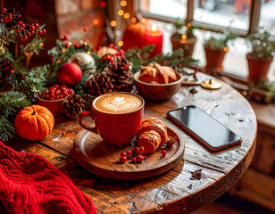 Naklejka premium A coffee shop scene featuring a cappuccino in a ceramic cup, a smartphone on a rustic wooden table, bathed in natural window light.
