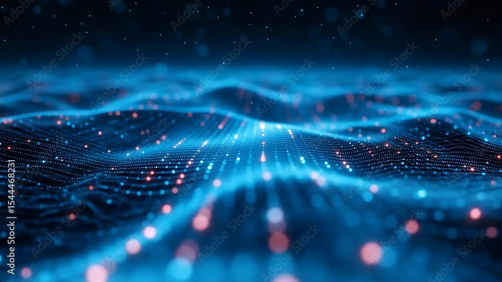 Poster an abstract digital landscape with glowing blue waves and shimmering particles, representing data fl
