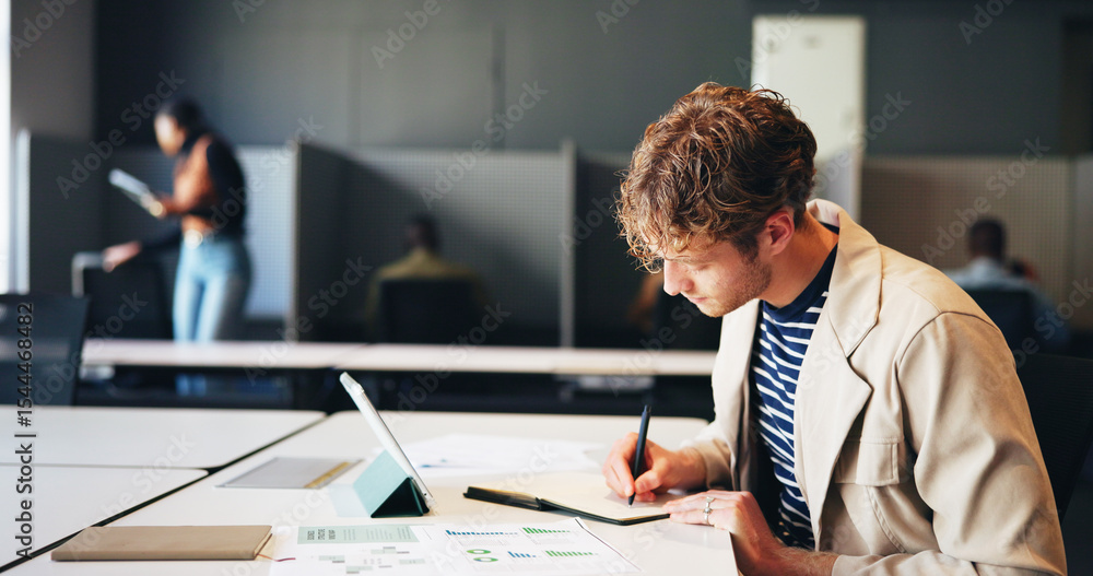 Poster entrepreneur, man and writing in notebook in office for business structure, startup ideas or notes. 