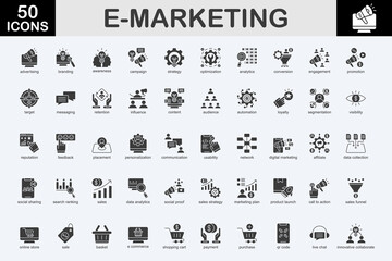 E-marketing glyph icon set. Covers advertising, branding, awareness, campaign, strategy, optimization, analytics, conversion, engagement, promotion, and more. Simple vector illustration.