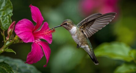 Fototapeta premium Hummingbird feeding on a bright pink hibiscus flower with green foliage in the background detail shot