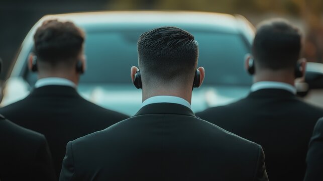 Group of male bodyguards providing close protection for a high-profile client in a sleek car, wearing dark suits and earpieces for security detail. 