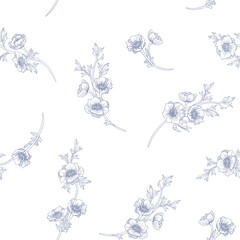 Seamless anemones. Floral pattern in toile style.