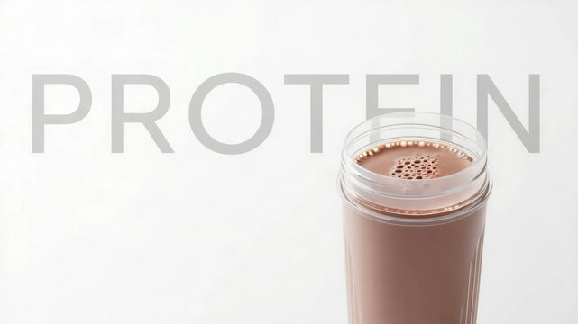 A protein shake in a clear glass, the word "PROTEIN" is placed over the top. 