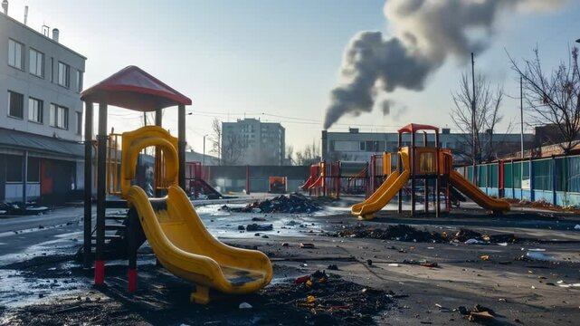 Destroyed Playground Amidst Smoke And Pollution