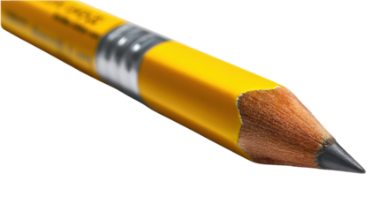 Sharpened Pencil: A close-up view of a classic yellow pencil with a sharp, dark graphite point, ready for writing or drawing, symbolizing creativity and communication.