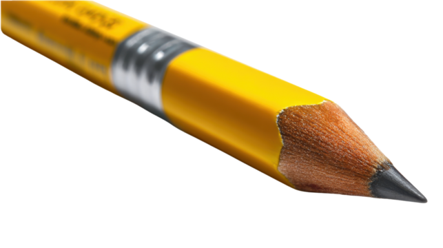 Sharpened Pencil: A close-up view of a classic yellow pencil with a sharp, dark graphite point, ready for writing or drawing, symbolizing creativity and communication.