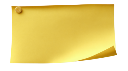 Yellow Note with Pin: A minimalist capture of a rectangular, blank yellow sticky note, its top left corner secured by a pushpin, while a corner gently curls upward.