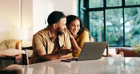 Fototapeta na wymiar Home, smile and couple with laptop, conversation and bonding together with email. Apartment, people and man with woman, computer and internet with website info, connection and support with giveaway