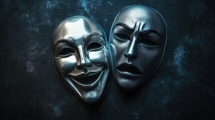 Illustration featuring comedy, tragedy masks, symbols of laughter and despair. Silver laughing mask contrasts with crying mask. Concept represents theatre drama performance emotions