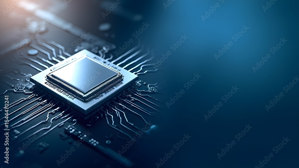 Poster close up shot of a microchip on circuit board with blue backdrop